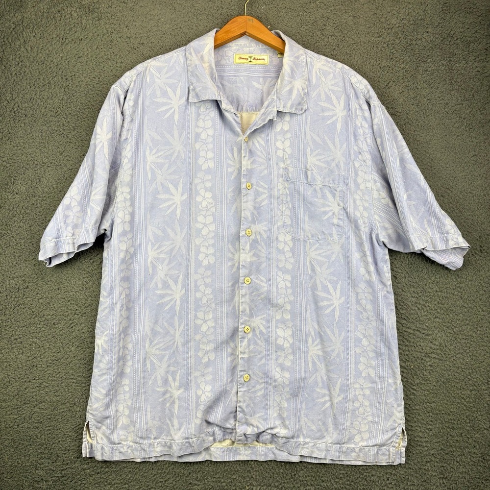 Tommy Bahama Mens XL Silk Camp Shirt Blue Floral Palm Leaf Hawaiian Button Up